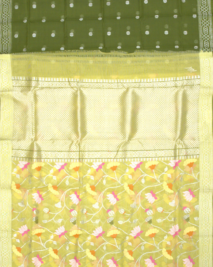 Olive Green Kota Cotton Saree with Multicolor zari