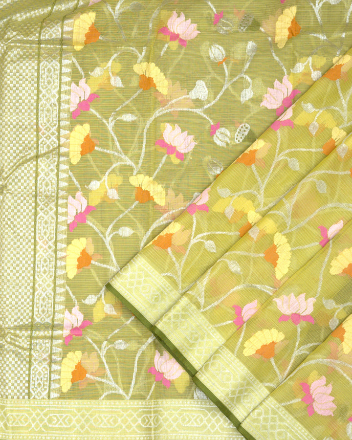 Olive Green Kota Cotton Saree with Multicolor zari