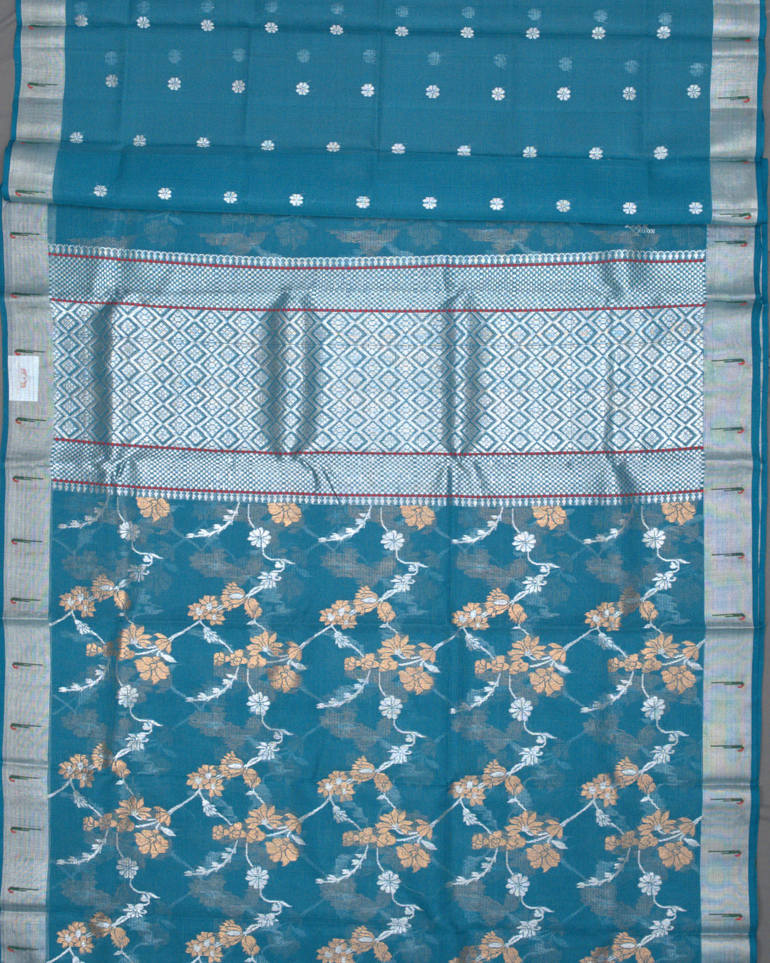 Teal Blue Kota Cotton Saree with Gold-Silver zari