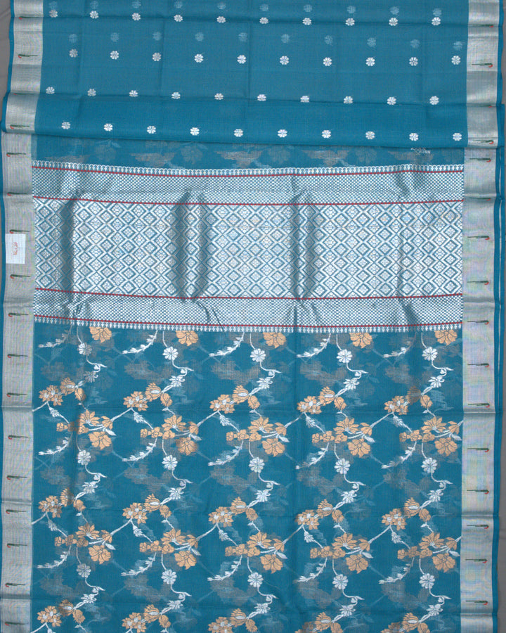 Teal Blue Kota Cotton Saree with Gold-Silver zari