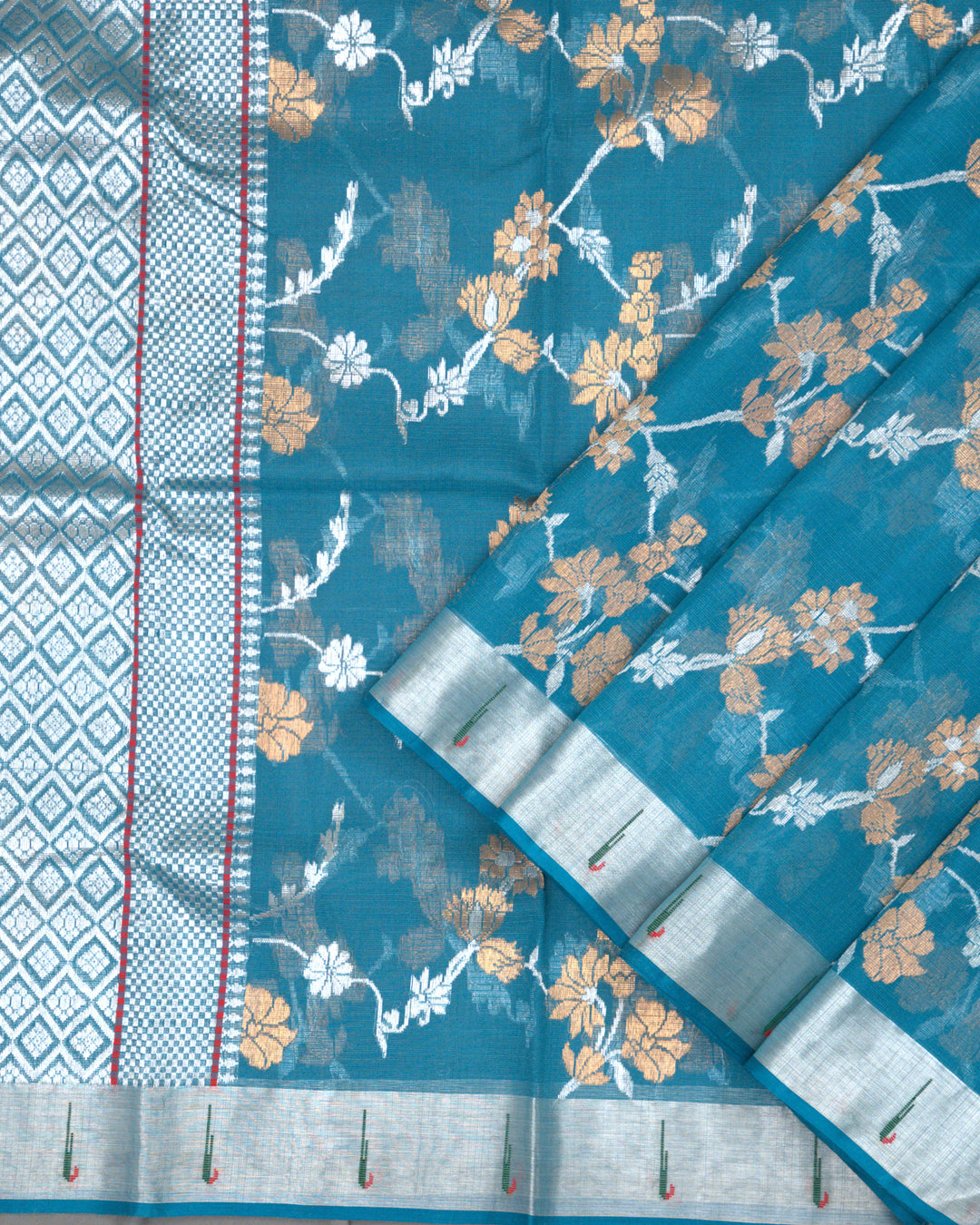 Teal Blue Kota Cotton Saree with Gold-Silver zari