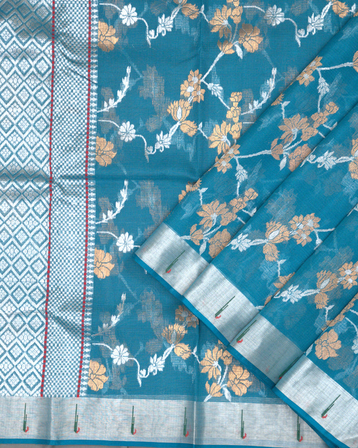 Teal Blue Kota Cotton Saree with Gold-Silver zari
