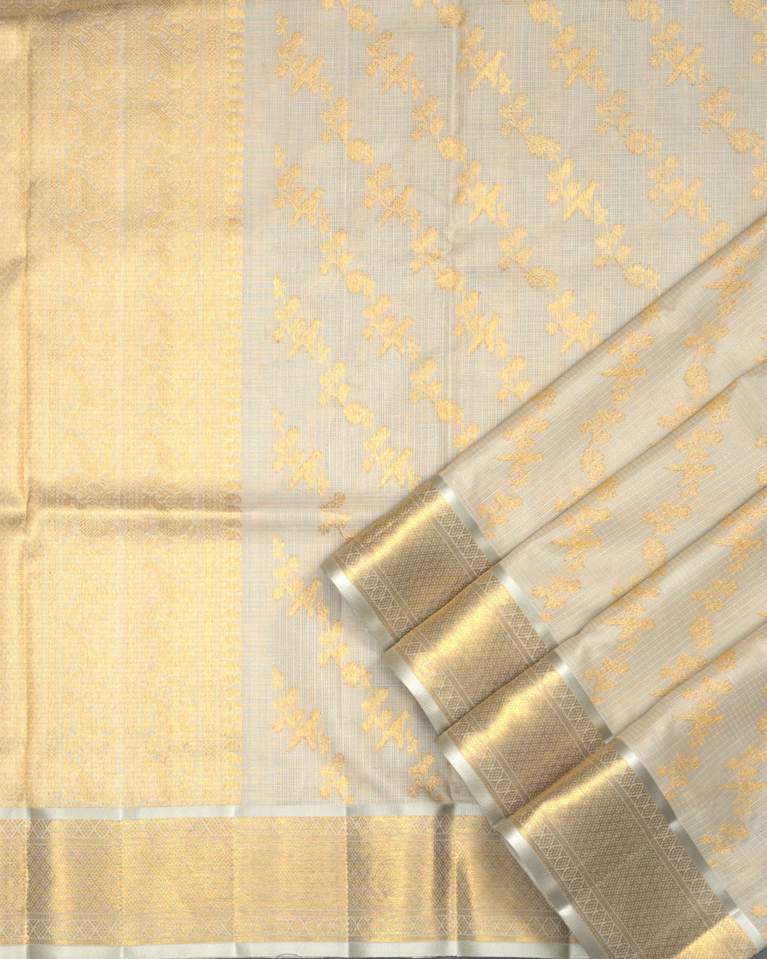 Ivory Off-White Kota Cotton Saree with Gold Zari