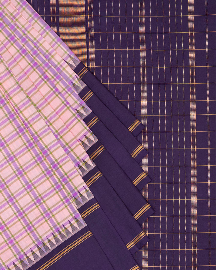 Peach & Navy Blue Kanchivaram Silk Saree