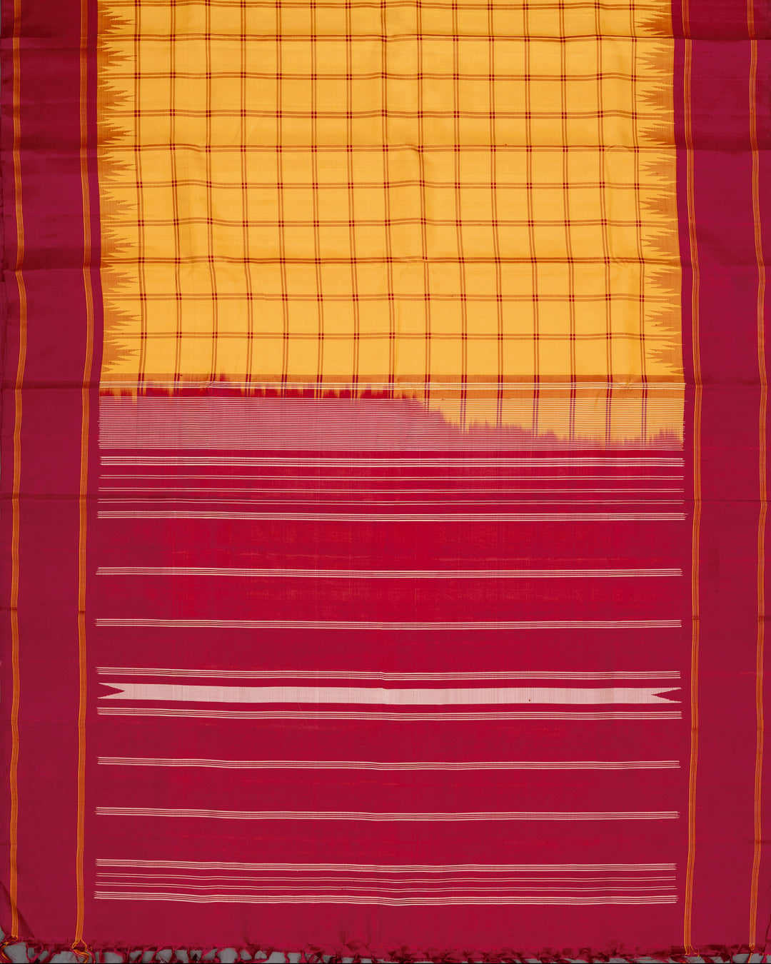Mustard Yellow & Crimson Kanchivaram Silk Saree