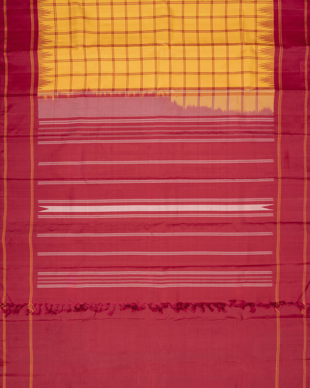 Mustard Yellow & Crimson Kanchivaram Silk Saree