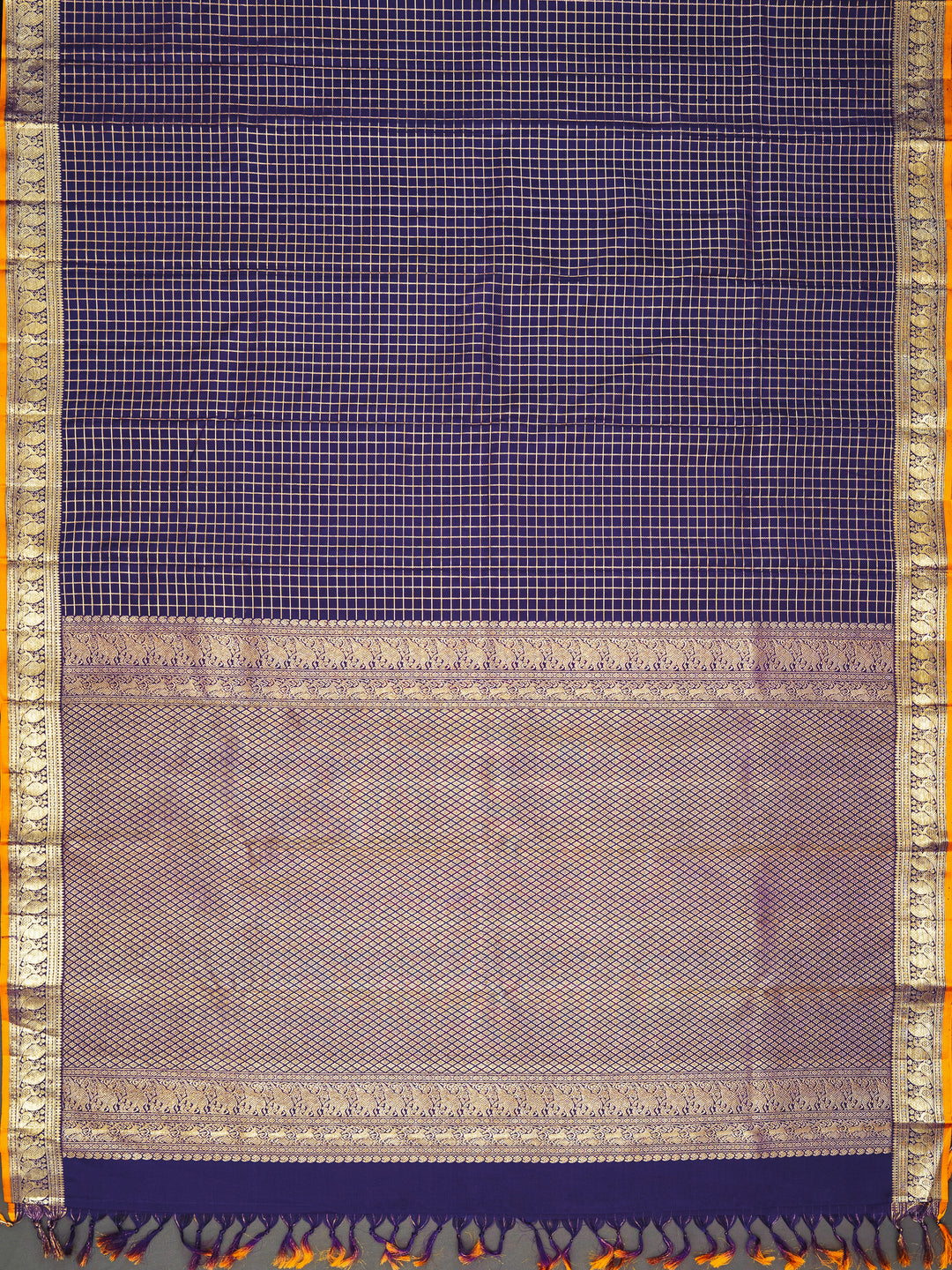 Navy Blue & Mustard Kanchivaram Silk Saree