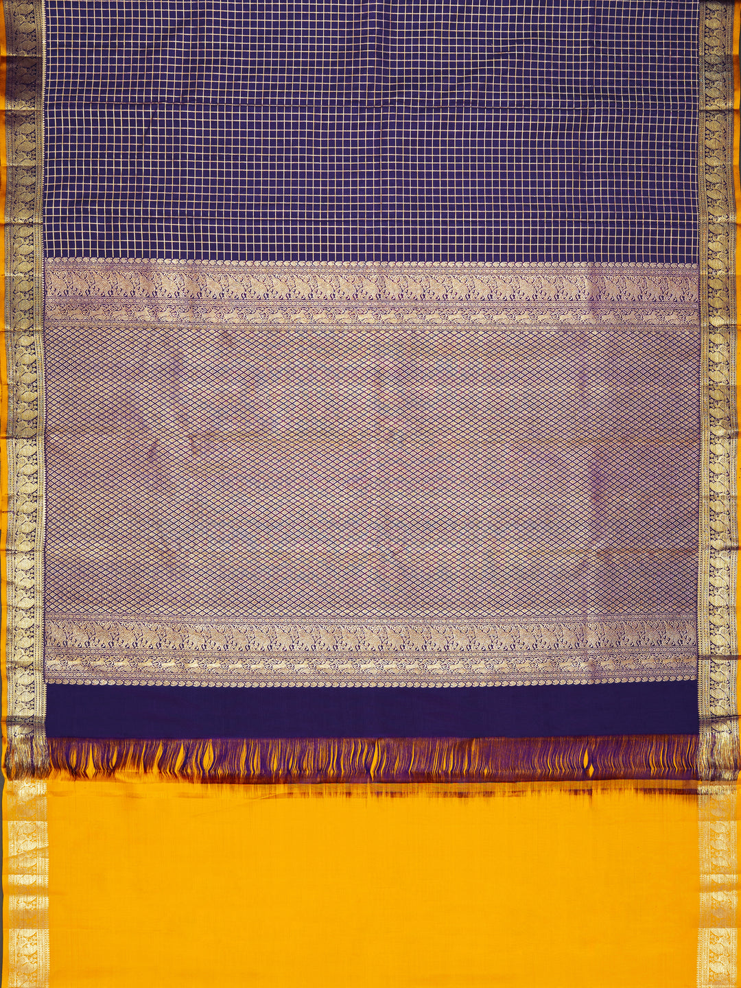 Navy Blue & Mustard Kanchivaram Silk Saree