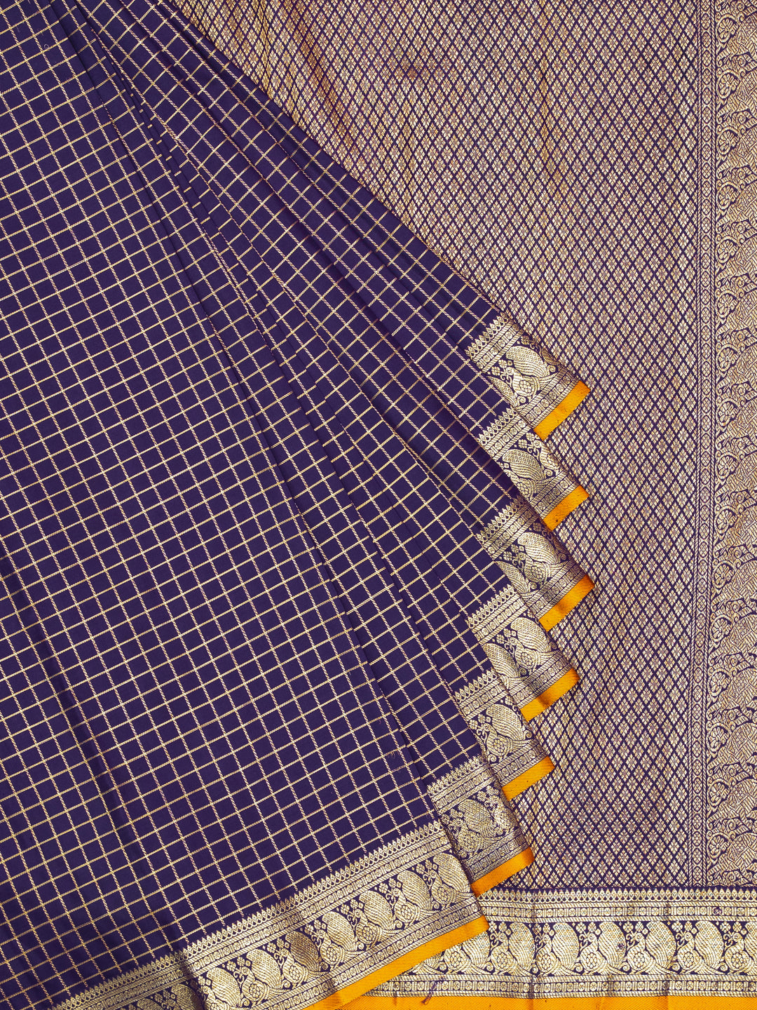Navy Blue & Mustard Kanchivaram Silk Saree