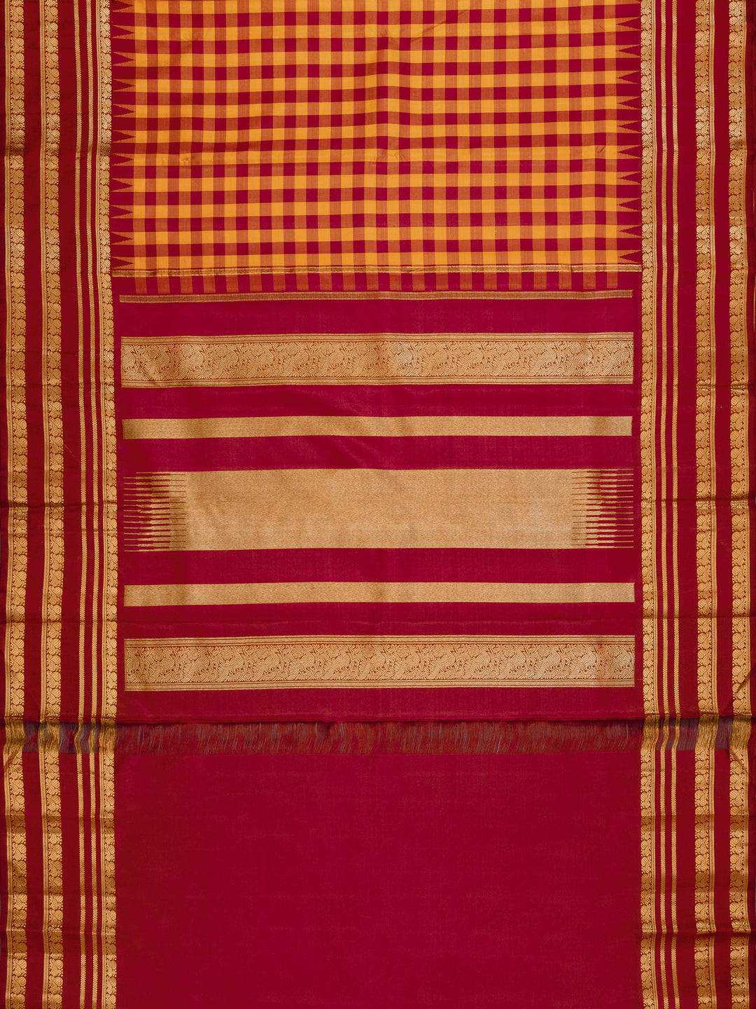 Mustard & Maroon Kanchivaram Silk Saree
