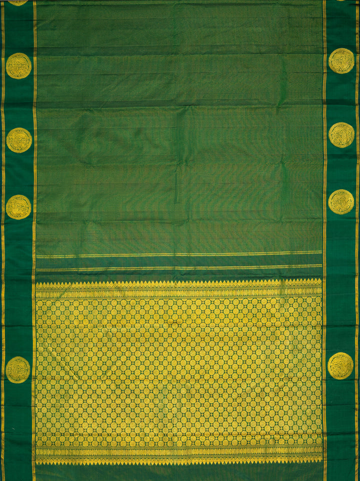 Bottle Green & Gold Kanchivaram Silk Saree | Gold Zari Kattam Body, Coin Floral Jaal Pallu & Peacock Medallion Border