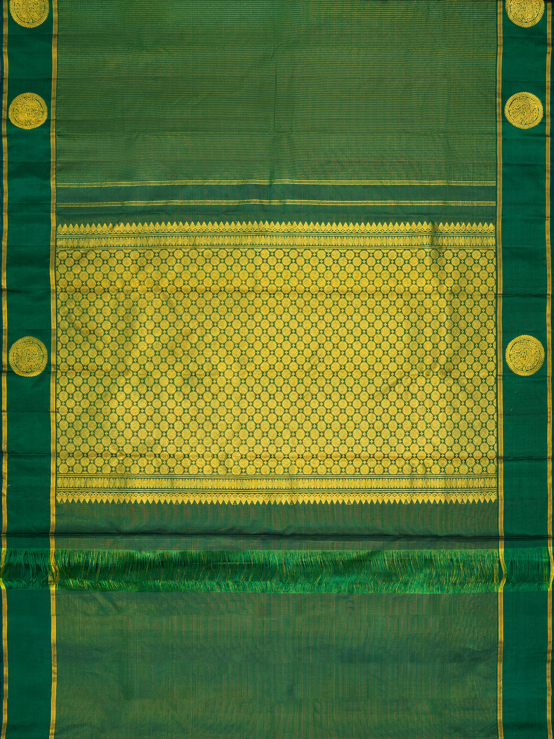 Bottle Green & Gold Kanchivaram Silk Saree | Gold Zari Kattam Body, Coin Floral Jaal Pallu & Peacock Medallion Border