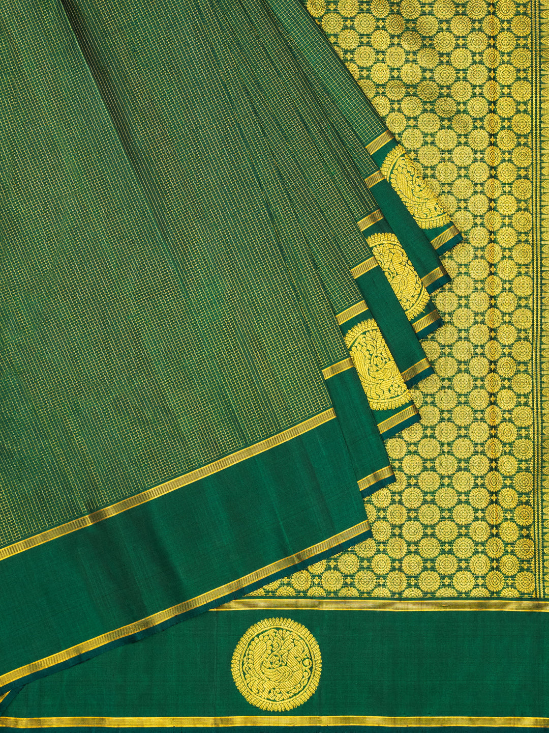 Bottle Green & Gold Kanchivaram Silk Saree | Gold Zari Kattam Body, Coin Floral Jaal Pallu & Peacock Medallion Border