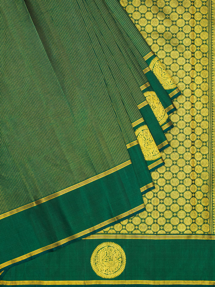 Bottle Green & Gold Kanchivaram Silk Saree | Gold Zari Kattam Body, Coin Floral Jaal Pallu & Peacock Medallion Border