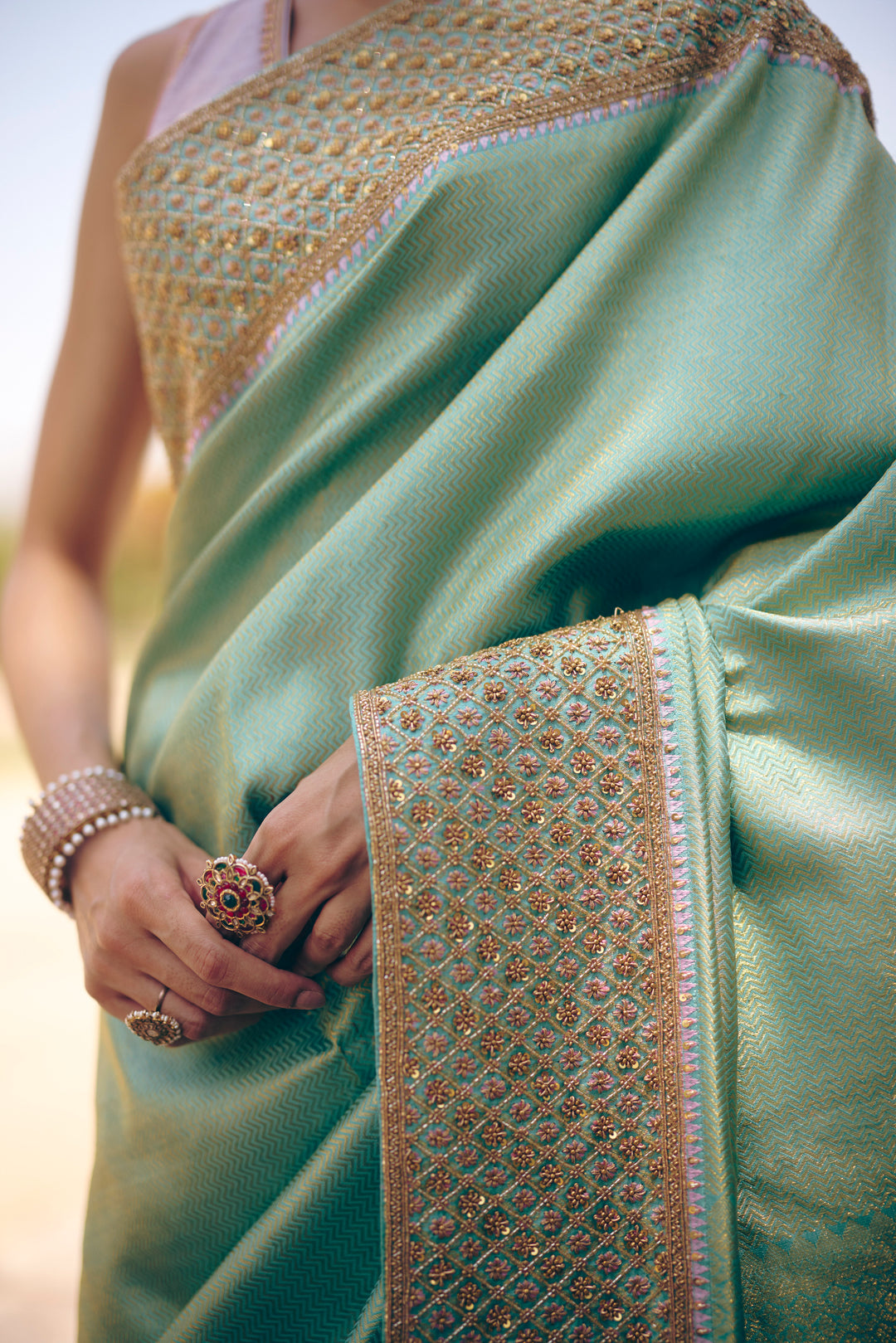 Teal Pure Kanjivaram Silk Saree with Gold Zari Lattice & Sequin Floral Embroidery