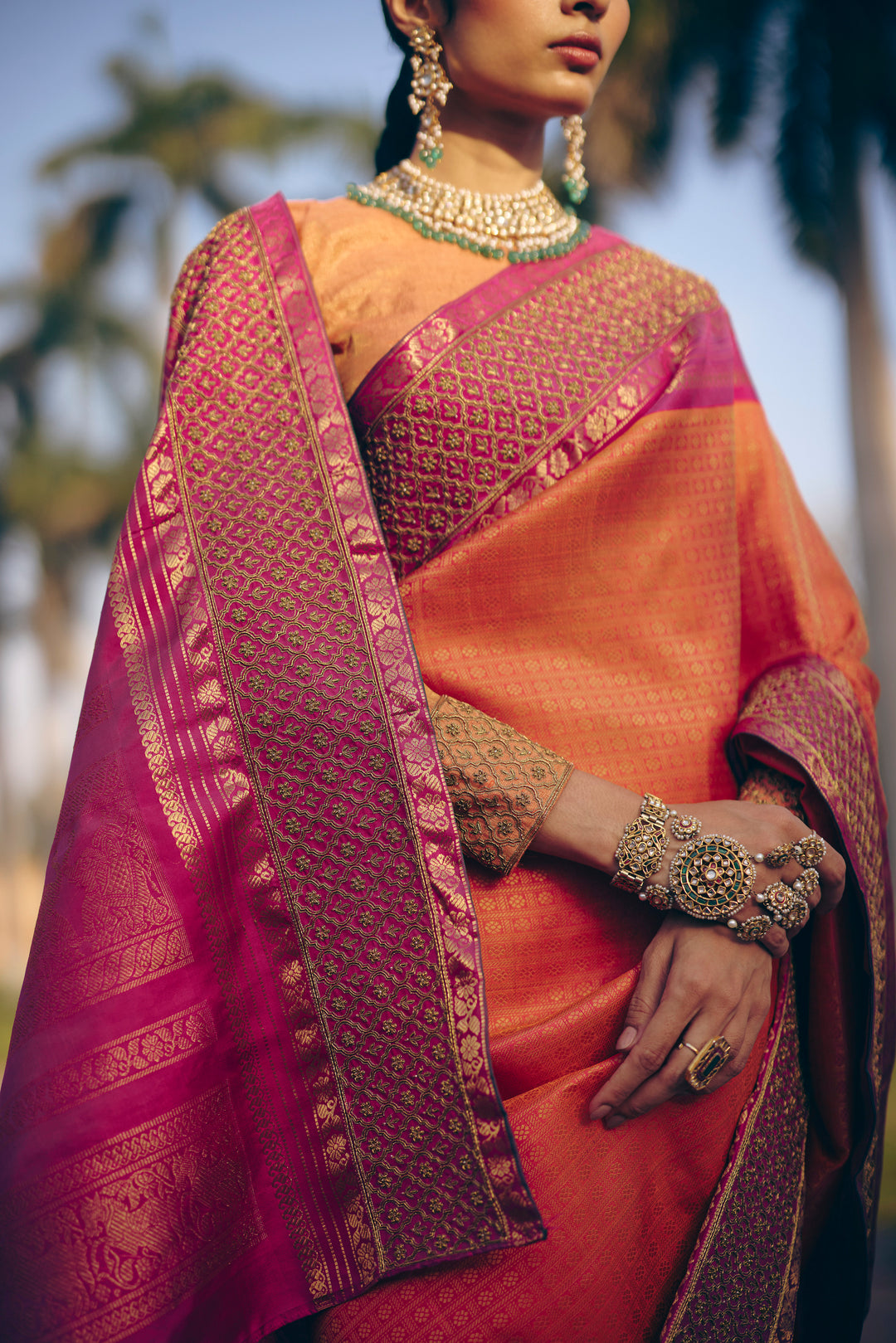 Orange & Magenta Handwoven Embroidery Luxury Kanchivaram Silk Saree in Regal Sunset