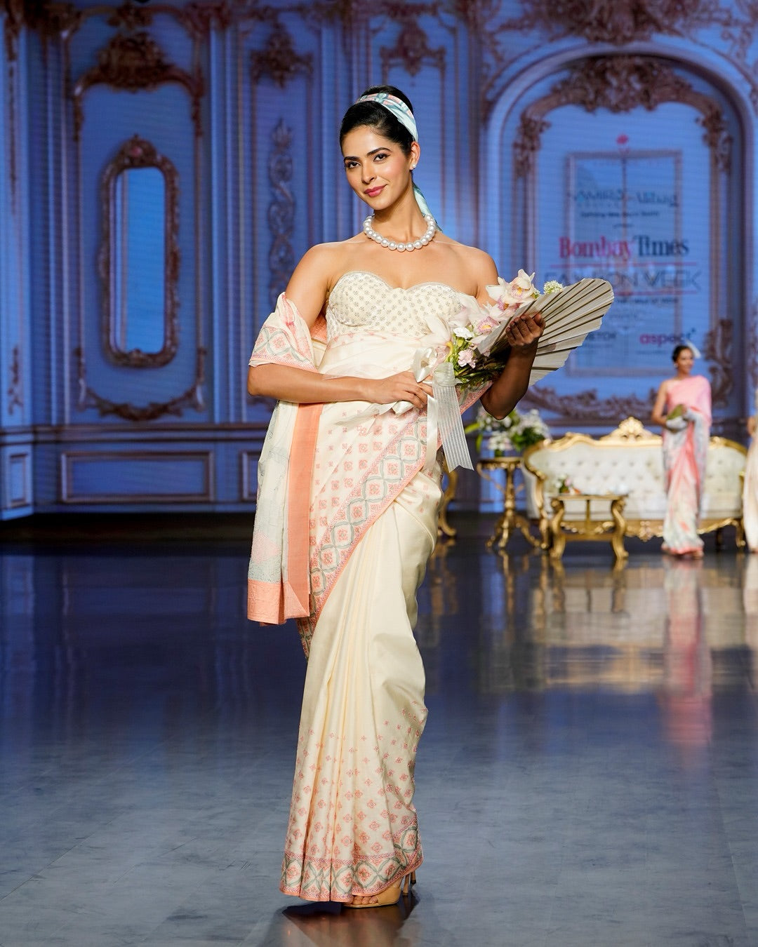 Ivory Peach Heavy Hand Embroidered Pure Kanjivaram Silk Saree with Hand-Painted Motifs - Blooming Heiress - Look 11