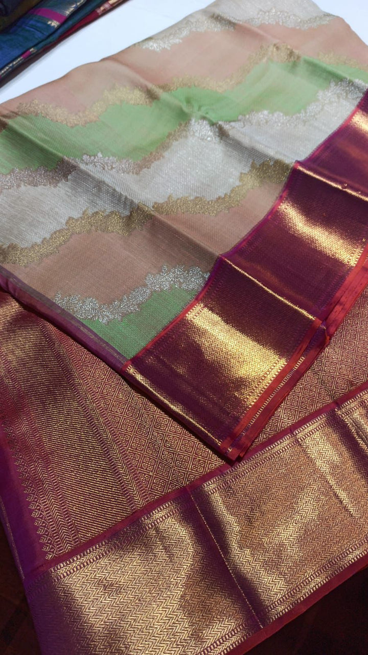 Rangkaat Pure Zari Kora Kanchipuram Saree in Pastel Mint and Rose with Gold Border - TSH250282