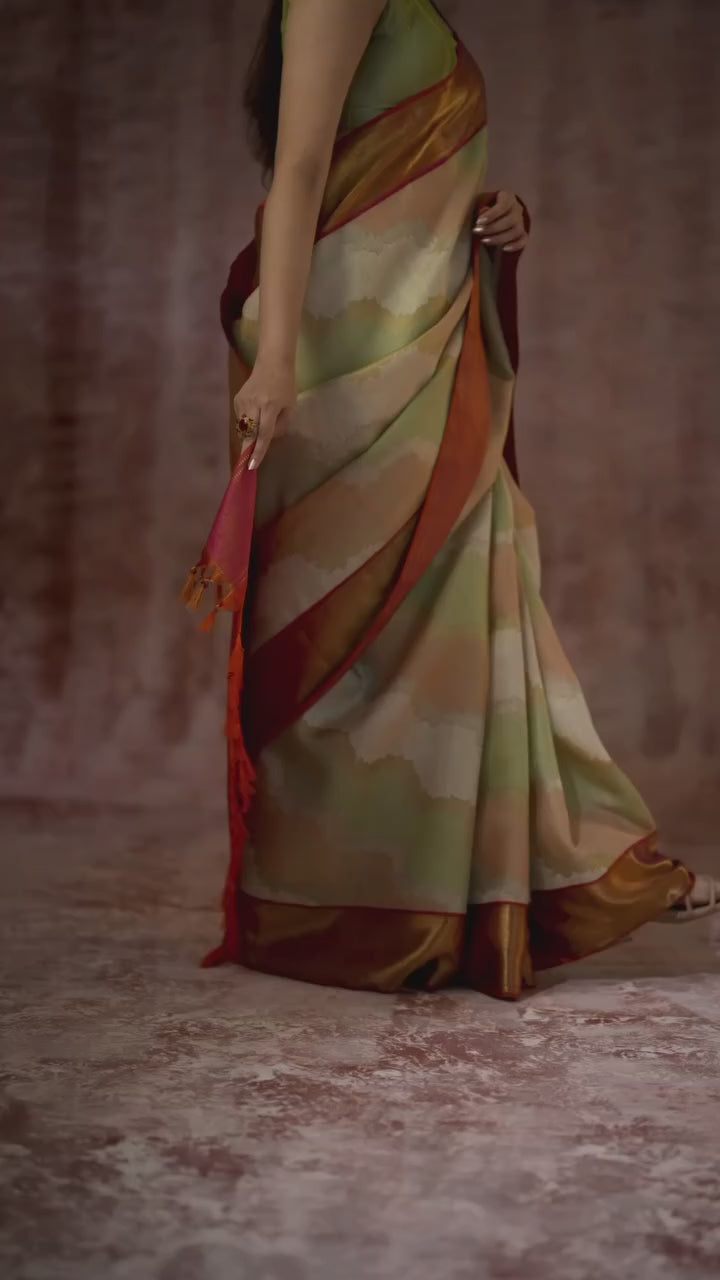 Rangkaat Pure Zari Kora Kanchipuram Saree in Pastel Mint and Rose with Gold Border - TSH250282