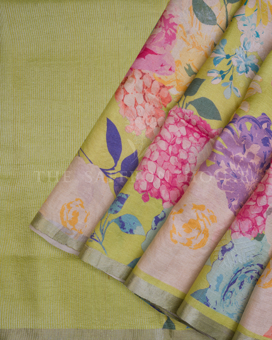 Lime Green Tussar Silk Saree – The Saffron House