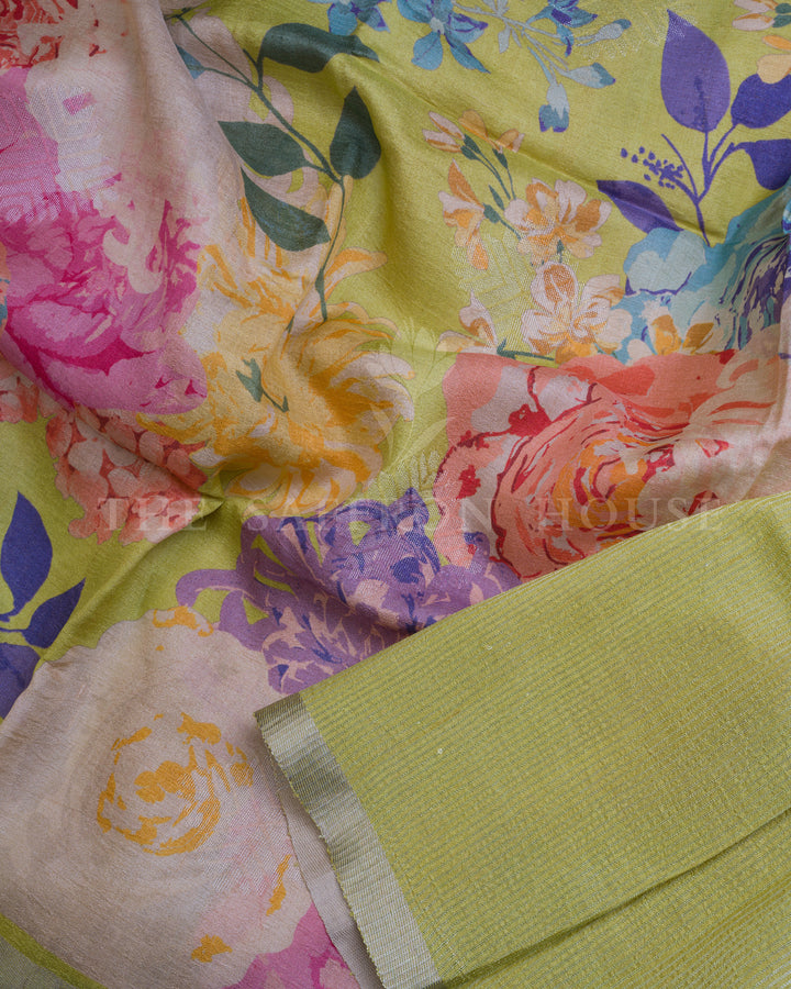 Lime Green Tussar Silk Saree – The Saffron House