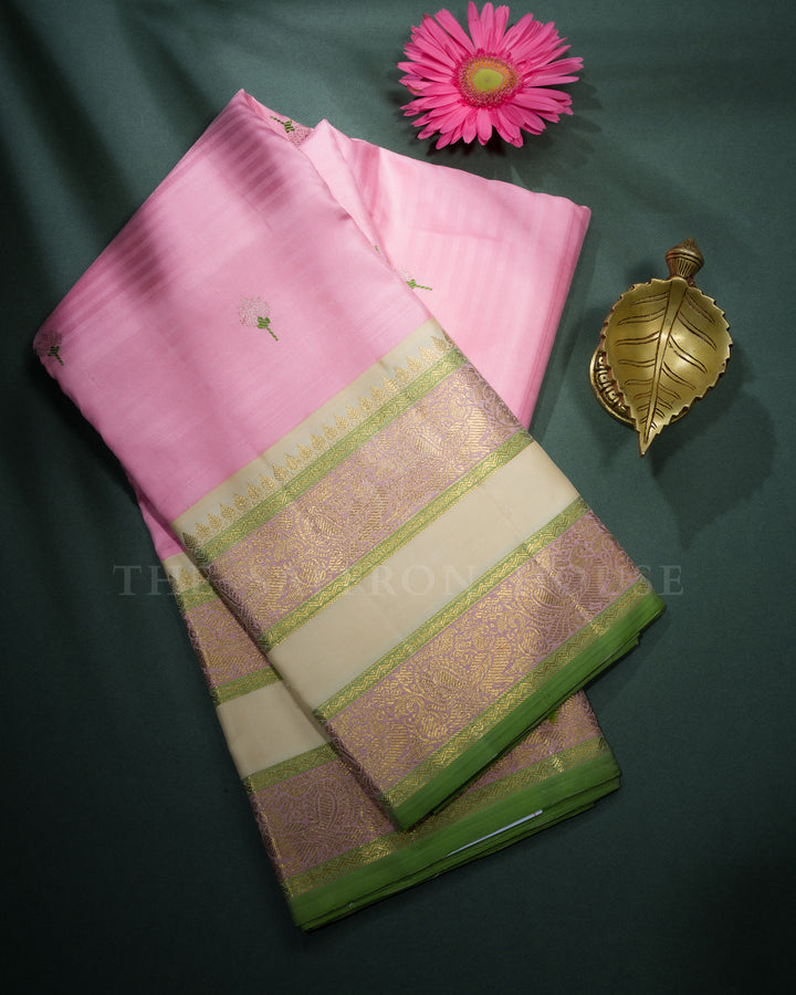 Blush Rose And Ivory Cream Kattam Kanjivaram Silk Saree – The Saffron House