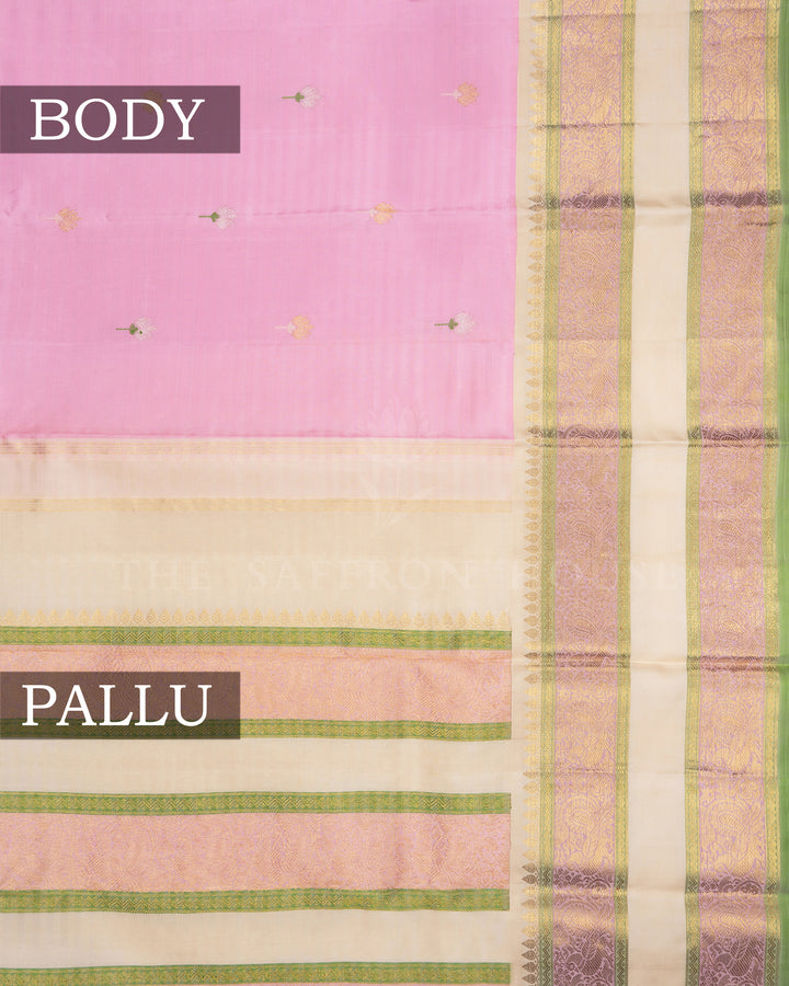Blush Rose And Ivory Cream Kattam Kanjivaram Silk Saree – The Saffron House