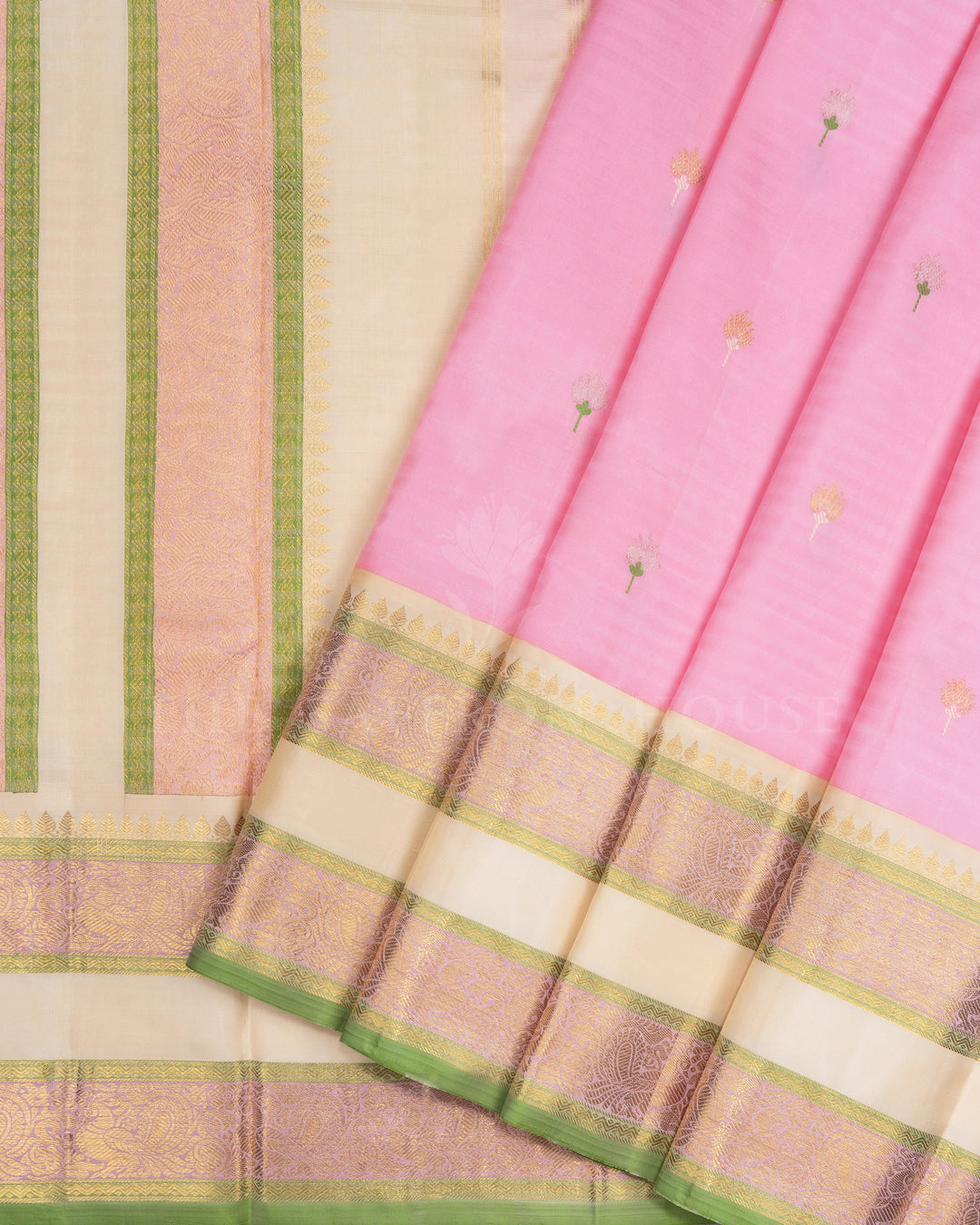Blush Rose And Ivory Cream Kattam Kanjivaram Silk Saree – The Saffron House