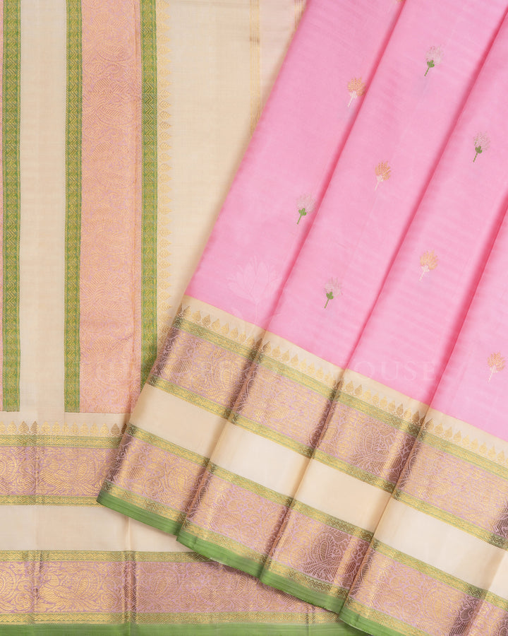 Blush Rose And Ivory Cream Kattam Kanjivaram Silk Saree – The Saffron House