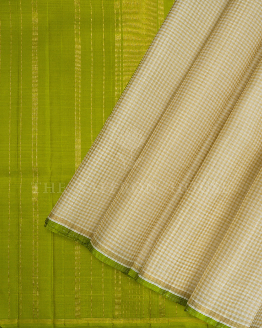 Sand Beige And Parrot Green Kattam Kanjivaram Silk Saree – The Saffron House