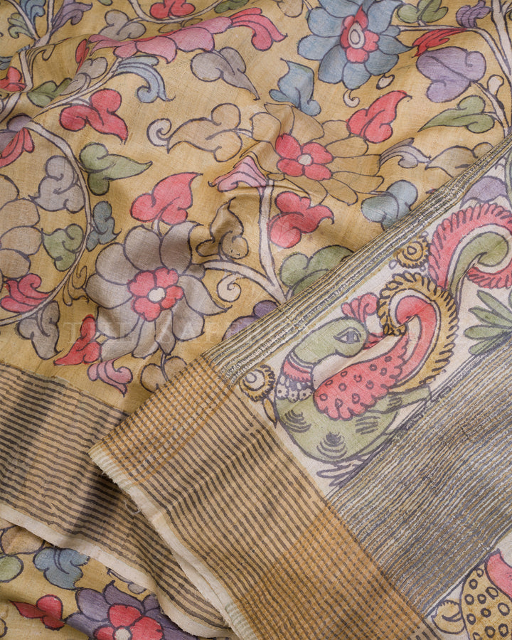 Sand Beige Kalamkari Tussar Silk Saree – The Saffron House