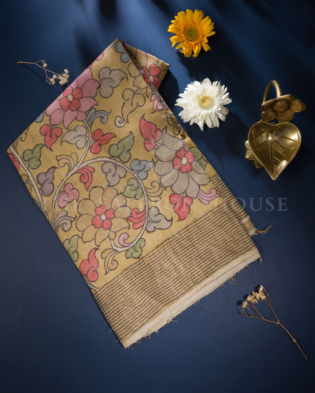 Sand Beige Kalamkari Tussar Silk Saree – The Saffron House
