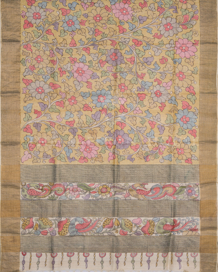 Sand Beige Kalamkari Tussar Silk Saree – The Saffron House