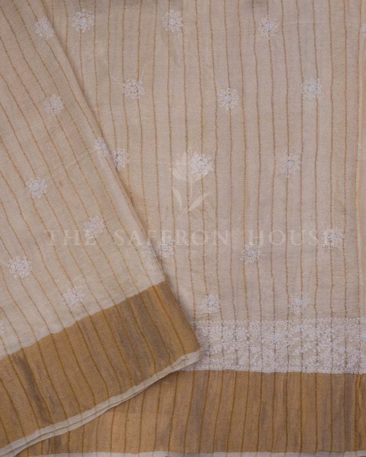 Sand Beige Chikankari Tussar Silk Saree – The Saffron House