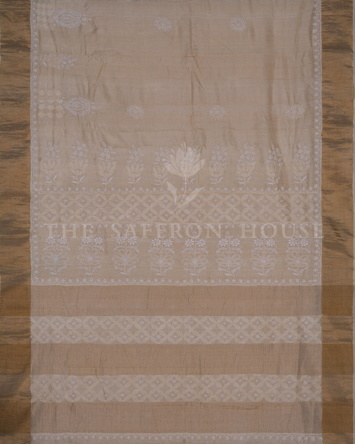 Sand Beige And Warm Brown Chikankari Tussar Silk Saree – The Saffron House