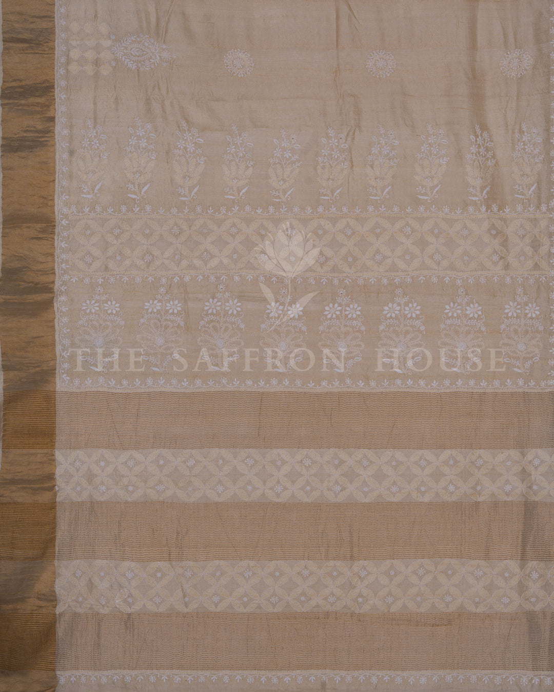 Sand Beige And Warm Brown Chikankari Tussar Silk Saree – The Saffron House