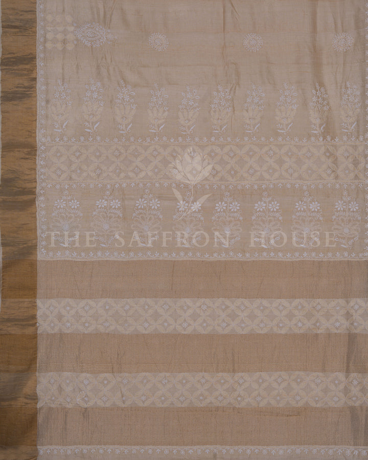 Sand Beige And Warm Brown Chikankari Tussar Silk Saree – The Saffron House
