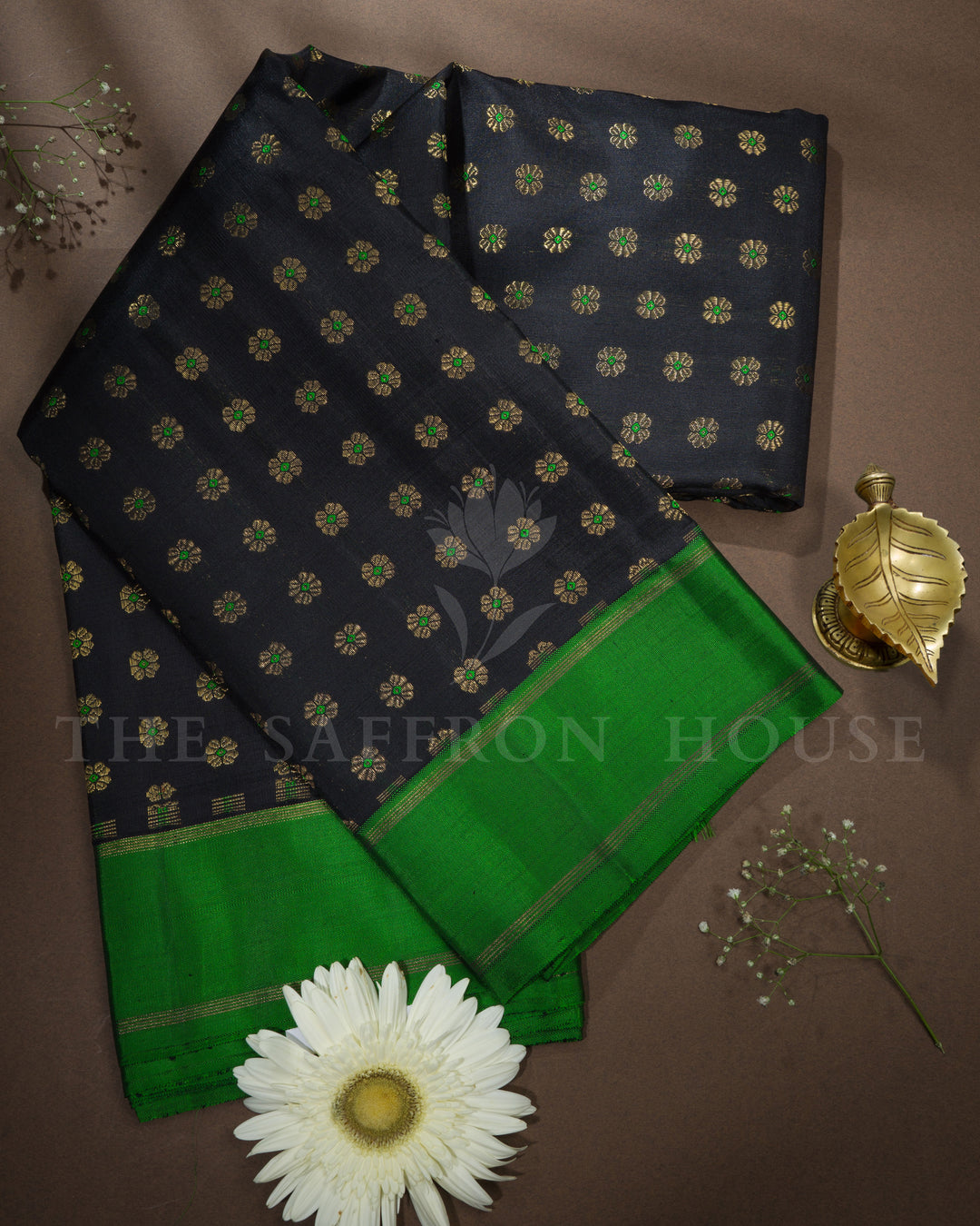 Onyx Black And Green Brocade Kanjivaram Silk Saree – The Saffron House