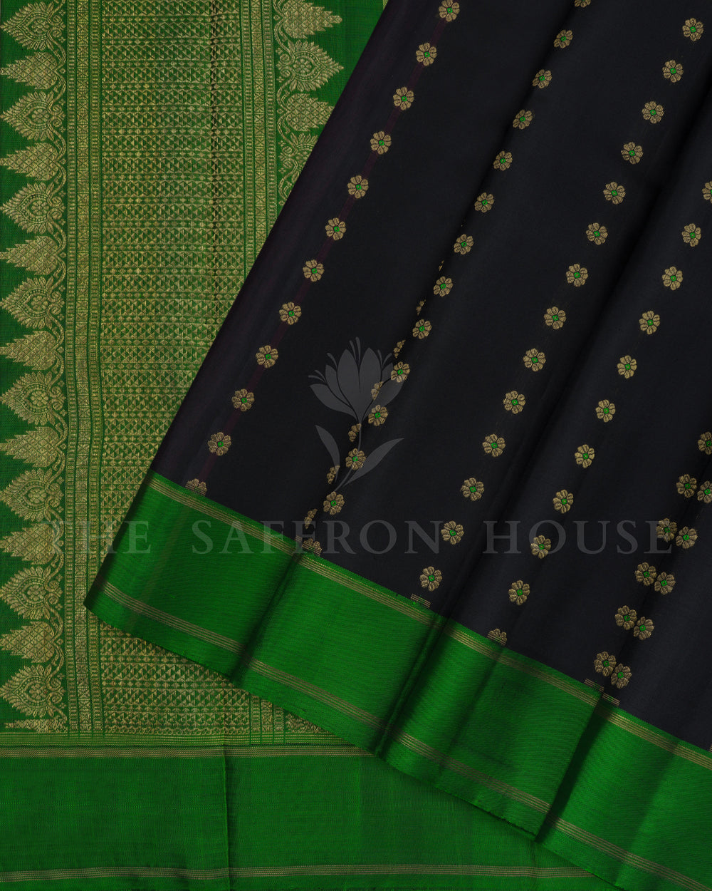 Onyx Black And Green Brocade Kanjivaram Silk Saree – The Saffron House