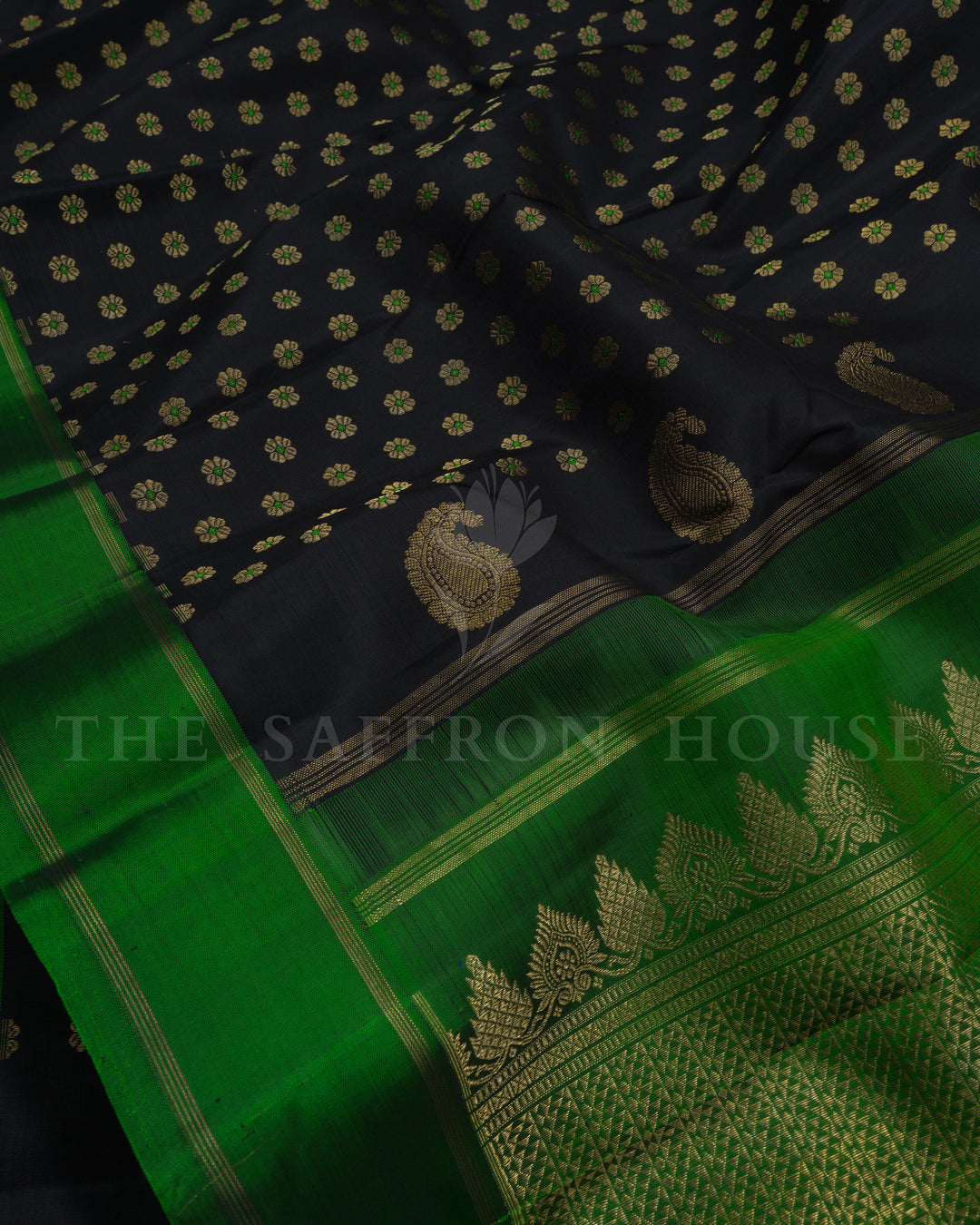 Onyx Black And Green Brocade Kanjivaram Silk Saree – The Saffron House