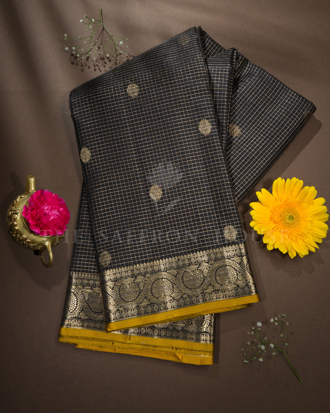 Onyx Black And Yellow Kattam Kanjivaram Silk Saree – The Saffron House