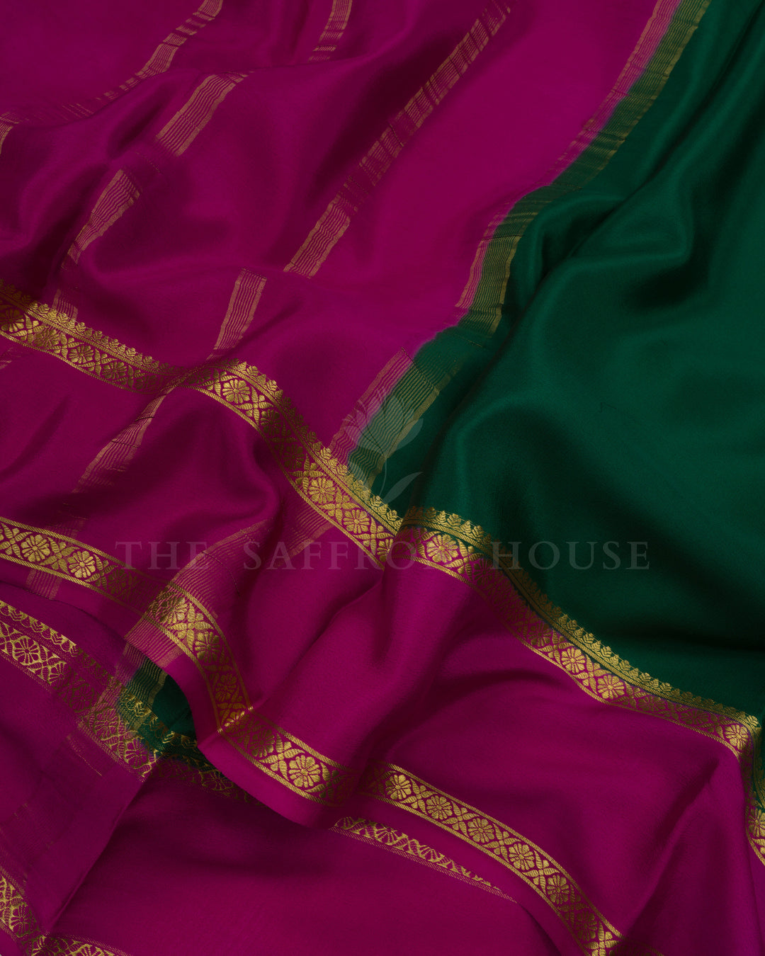 Bottle Green And Magenta Pure Zari Mysore Silk Saree – The Saffron House