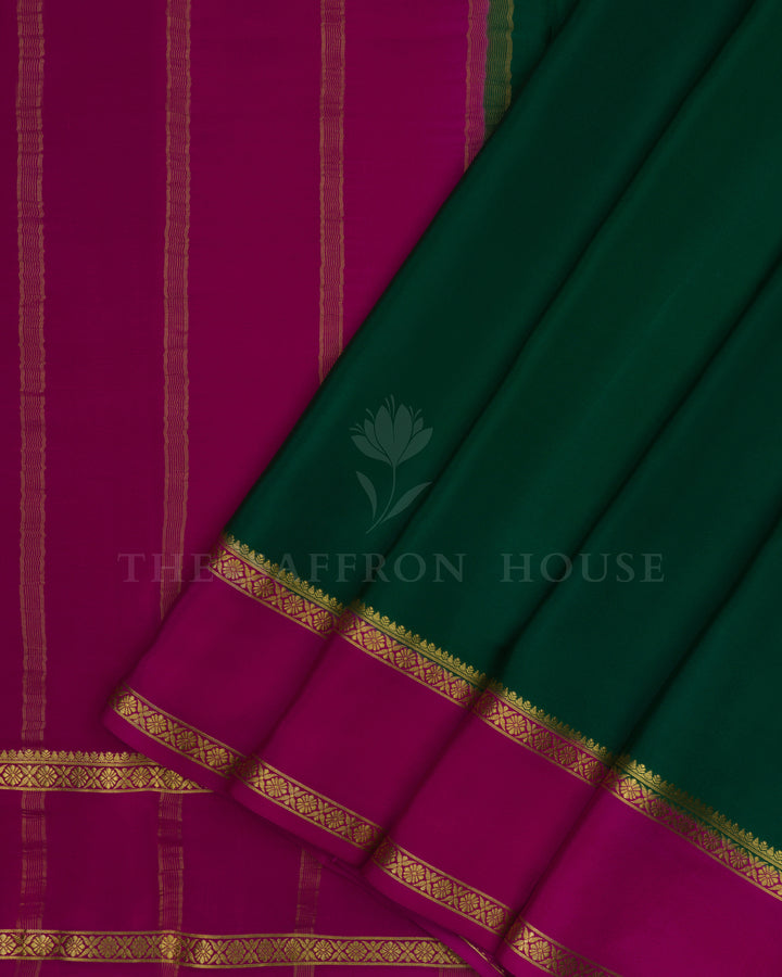 Bottle Green And Magenta Pure Zari Mysore Silk Saree – The Saffron House