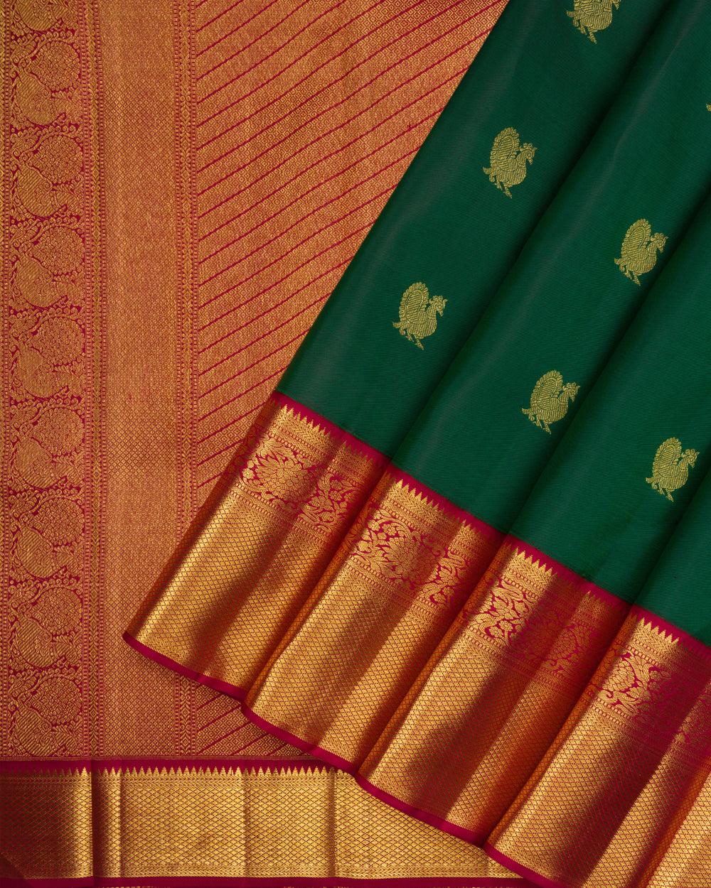 Bottle Green And Burgundy Maroon Korvai Kanjivaram Silk Saree – The Saffron House