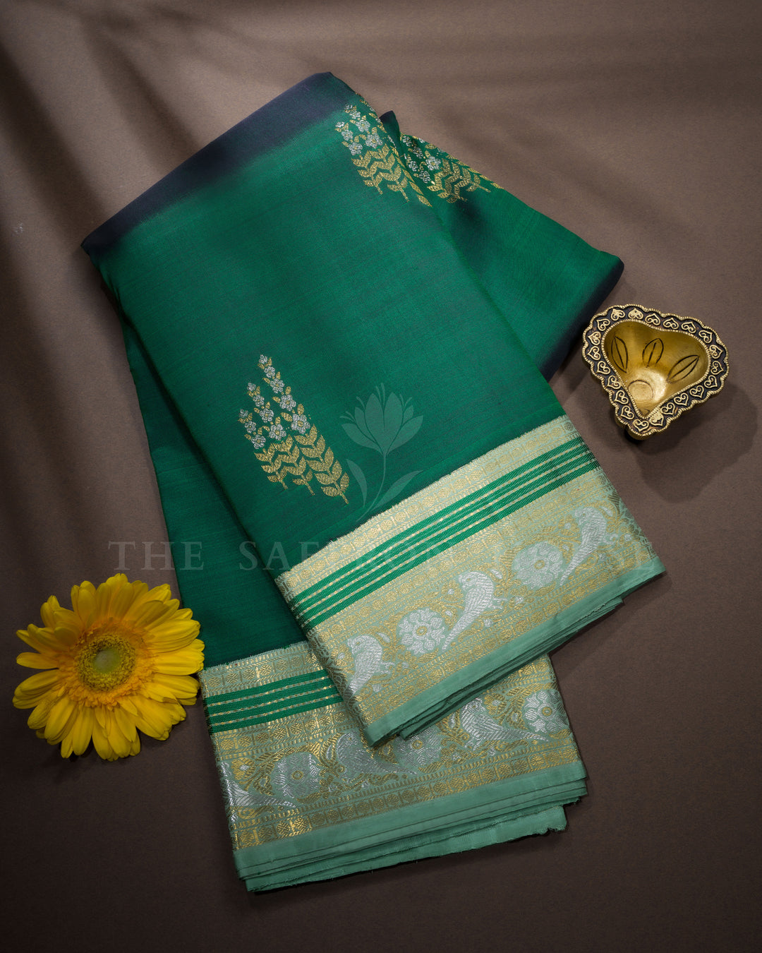 Bottle Green And Mint Brocade Kanjivaram Silk Saree – The Saffron House