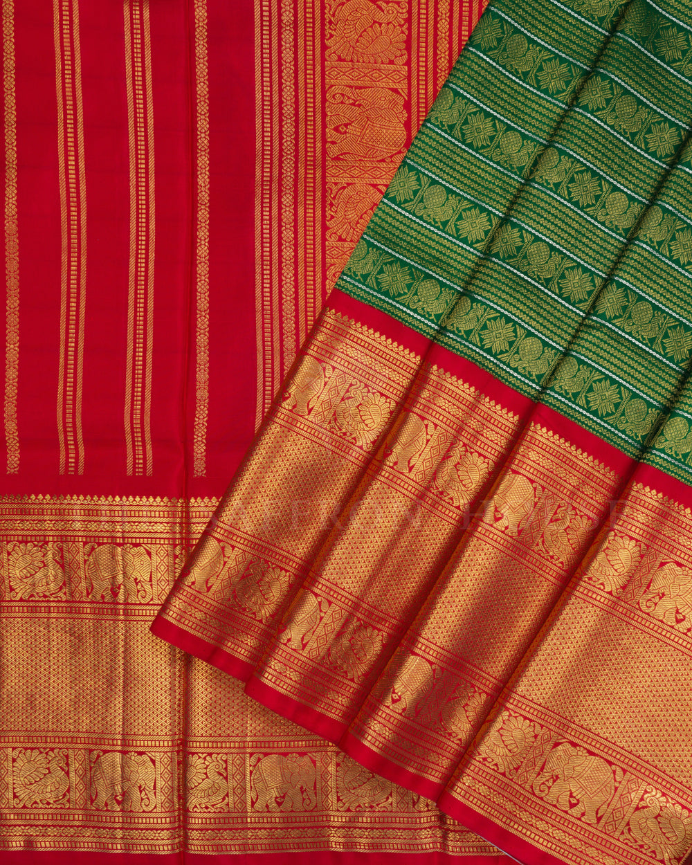 Bottle Green And Red Kattam Kanjivaram Silk Saree – The Saffron House