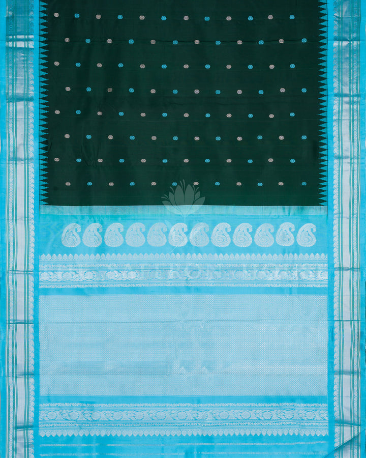Bottle Green And Sky Blue Gadwal Silk Saree – The Saffron House