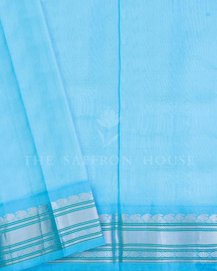 Bottle Green And Sky Blue Gadwal Silk Saree – The Saffron House