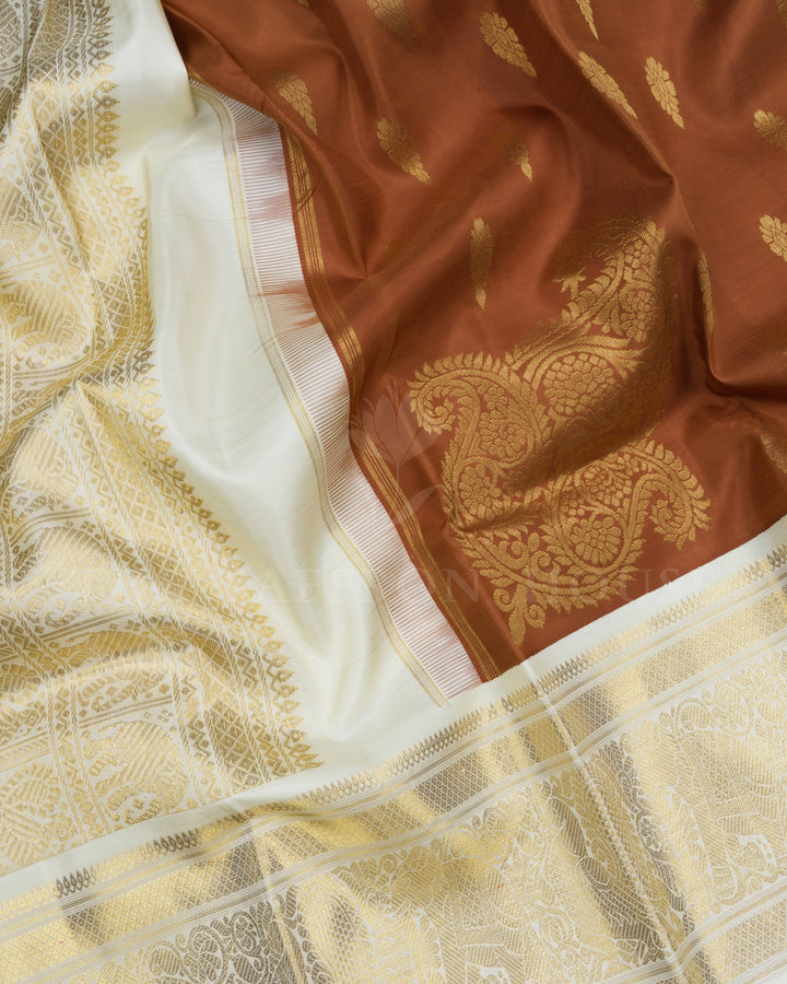 Warm Brown And Ivory Cream Korvai Kanjivaram Silk Saree – The Saffron House
