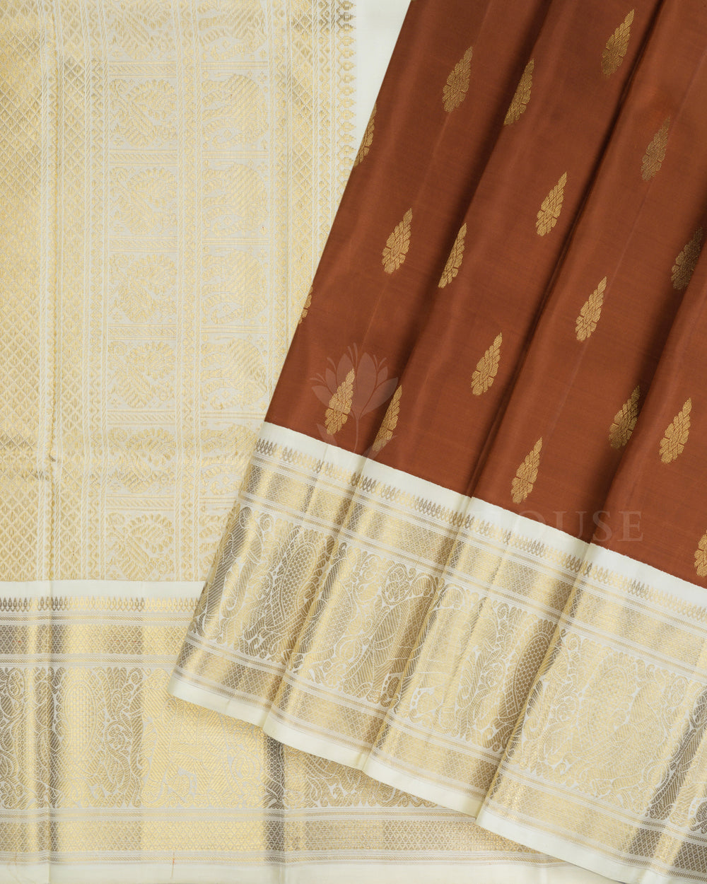Warm Brown And Ivory Cream Korvai Kanjivaram Silk Saree – The Saffron House